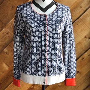 Banana Republic Navy and White Geometric Cardigan with Coral Trim